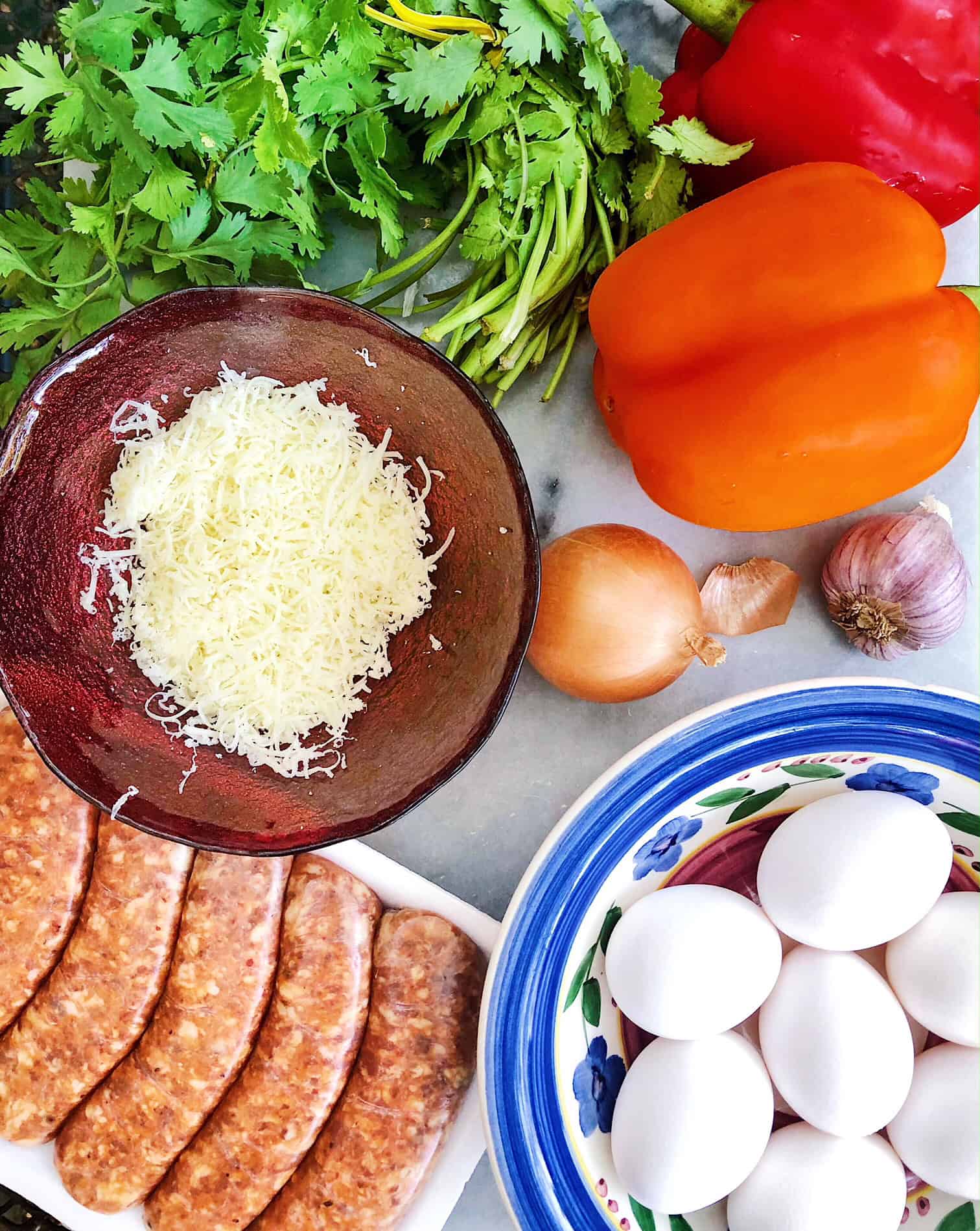 Overhead image of ingredients to make Chorizo Breakfast Tacos. 