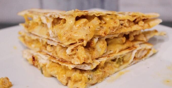 Close up front shot of Taco Bell Chicken Quesadilla with homemade Quesadilla sauce.