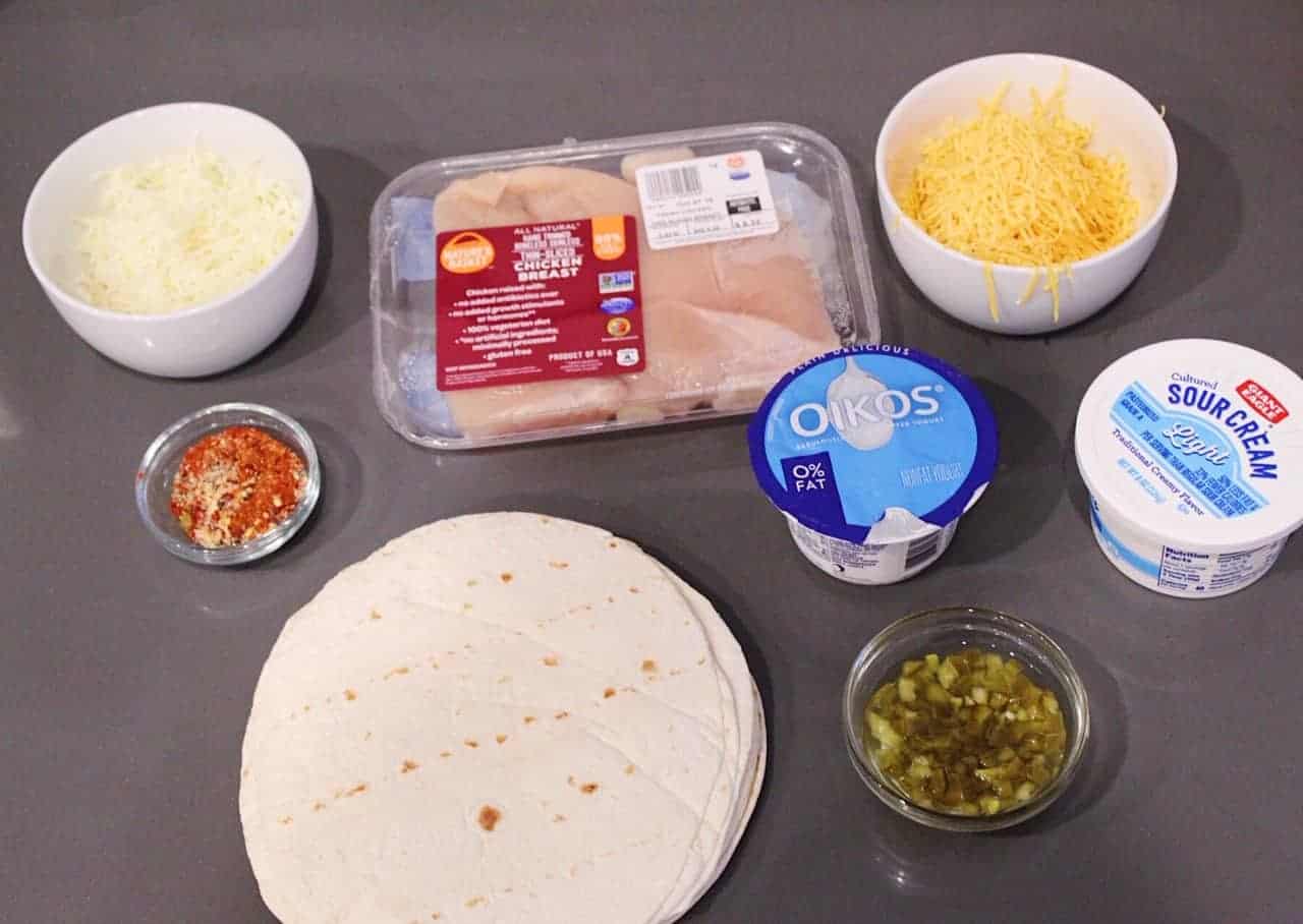 Overhead shot of ingredients for Taco Bell Chicken Quesadillas.