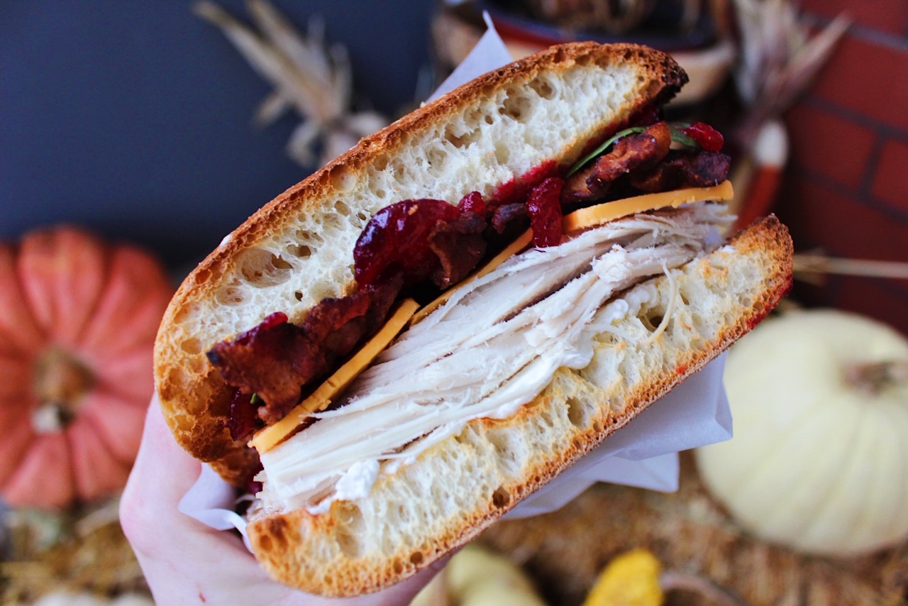 close up of Thanksgiving sandwich