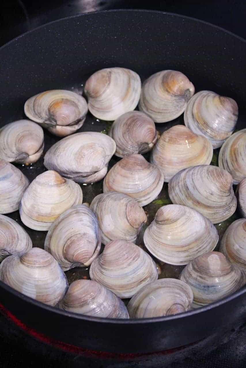 Fresh clams in a pan ready to be steamed.