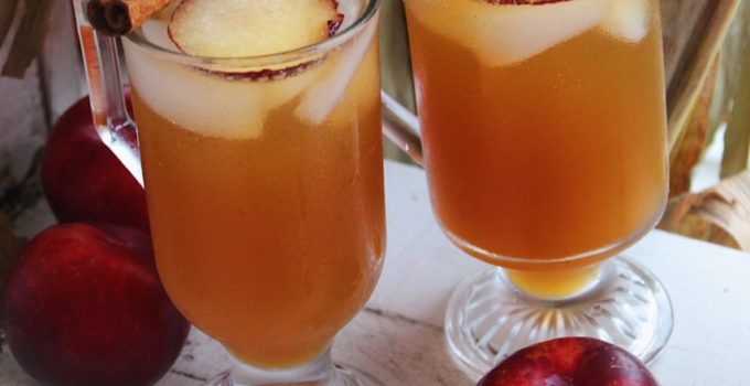 Apple Cider Bourbon Cocktail (with Plums & Thyme) with festive fall background