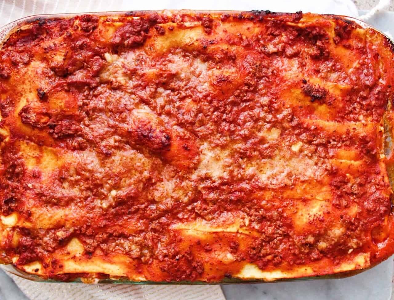 Overhead image of baked lasagna.