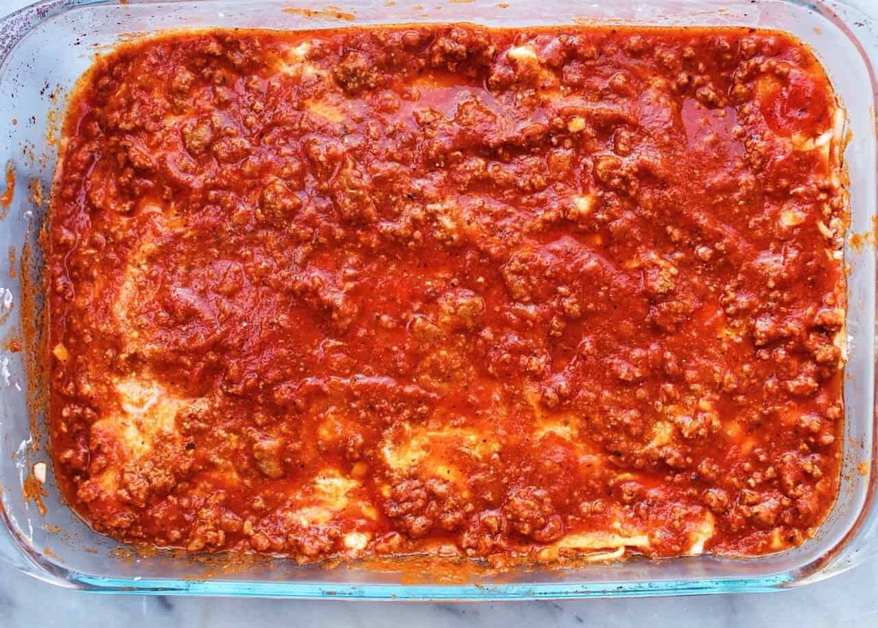 Meat sauce layer in lasagna.