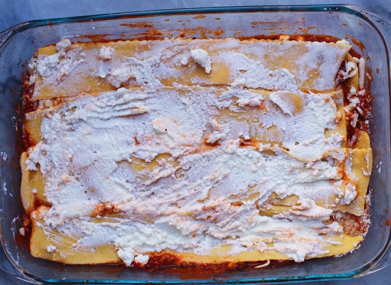 Ricotta spread on homemade lasagna noodles.