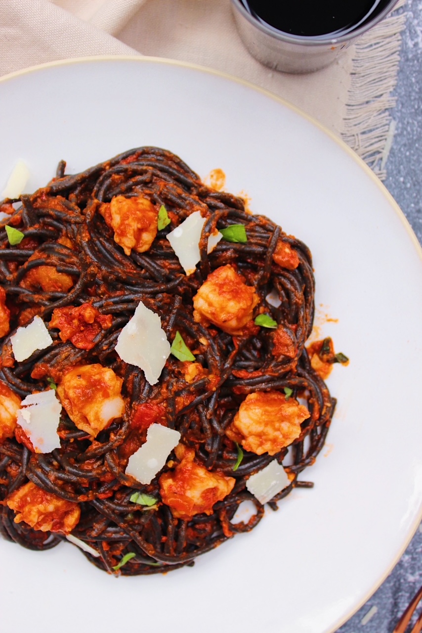 Close up picture of Arrabbiata Squid Ink Pasta.