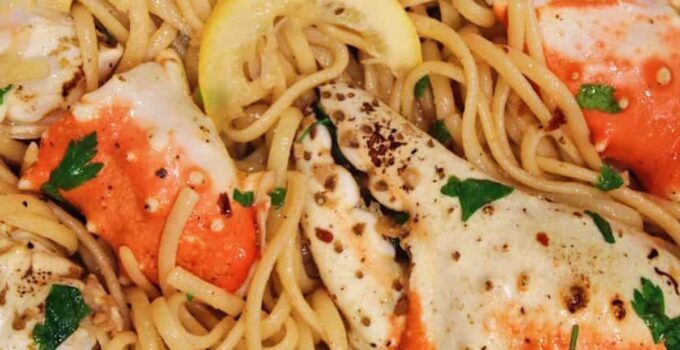 Crab pasta in white wine lemon sauce.