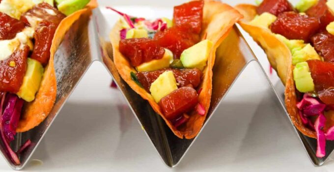 Ahi Tuna Tacos (Poke Tacos) with Slaw and Wasabi Cream